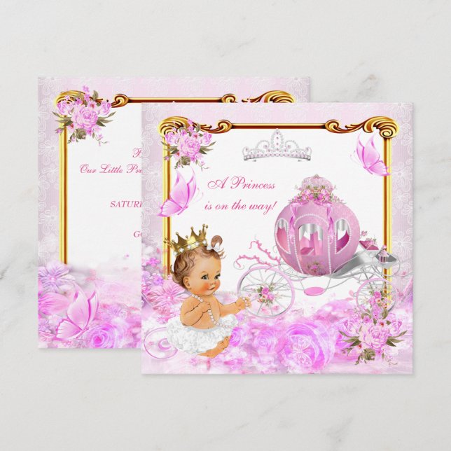 Convites Chuveiro de Bebê Menina Princesa Carruagem Rosa Ti (Frente/Verso)