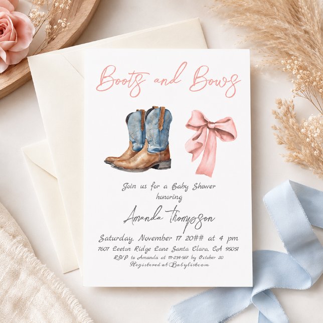 Convites Chuveiro de Bebê Menina Rosa Elegante Botas e Laço (Criador carregado)