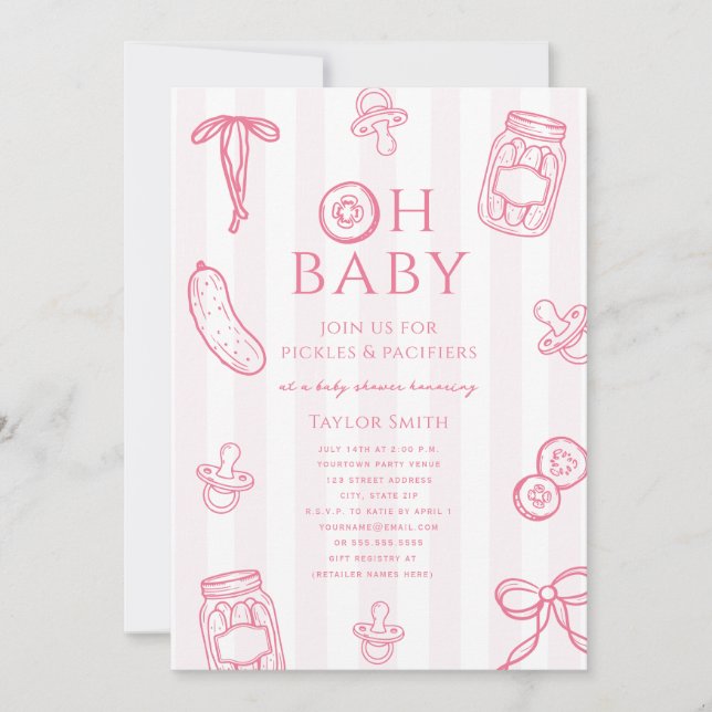 Convites Chuveiro de Bebê Menina Rosa Pickles & Pacifiers (Frente)