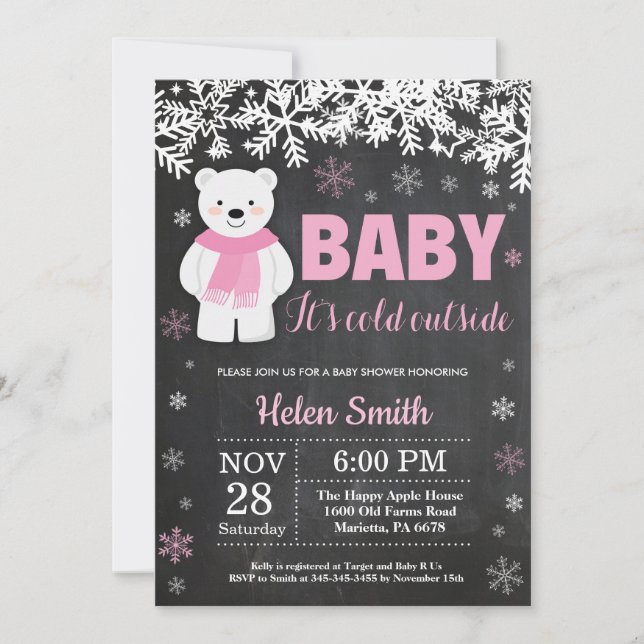 Convites Chuveiro de Bebê Menina Urso Polar Inverno Quadro  (Frente)