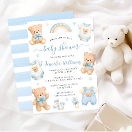 Convites Chuveiro de Bebê Menino Boho Urso de Pelúcia Azul