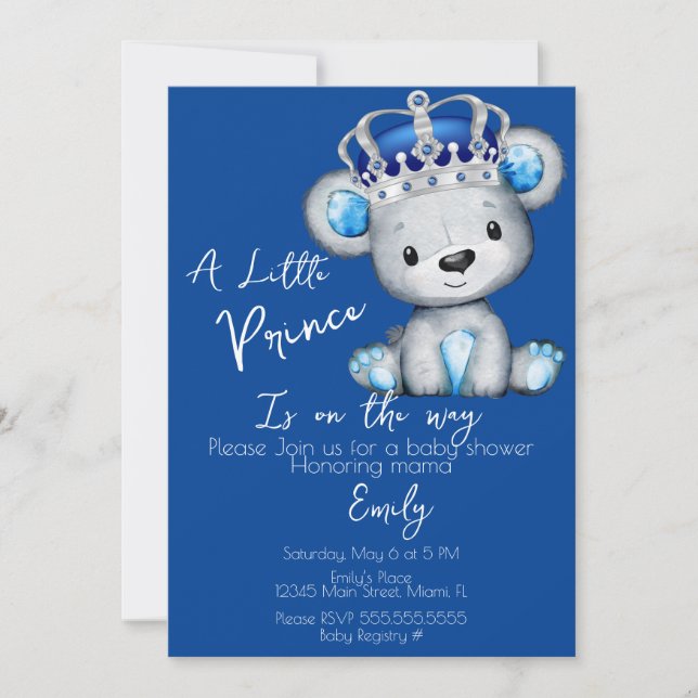 Convites Chuveiro de Bebê Menino Urso Azul Real Fofo (Frente)