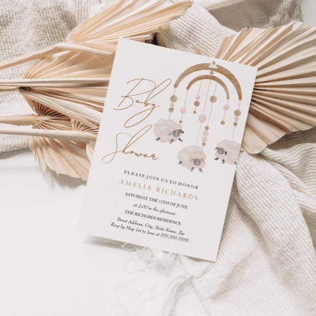 Convites Chuveiro de Bebê Móvel de Ovelha Rosa Boho Blush (Criador carregado)