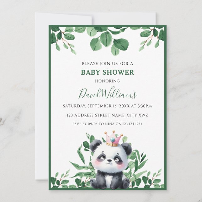 Convites Chuveiro de Bebê Neutro Folhagem Verde Panda Fofo (Frente)