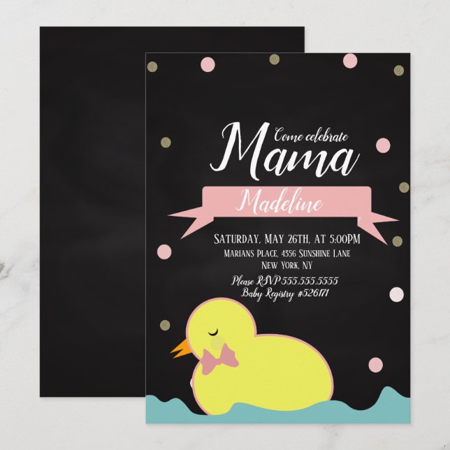 Convites Chuveiro de Bebê Pato em Quadro Negro Dourado Fals (Frente/Verso)