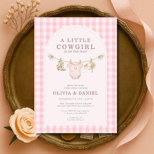 Convites Chuveiro de Bebê Pequena Cowgirl Rosa Xadrez