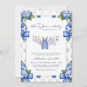 Convites Chuveiro de Bebê Préppy em Azul Jeans Chinoiserie 