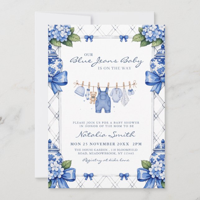 Convites Chuveiro de Bebê Préppy em Azul Jeans Chinoiserie  (Frente)
