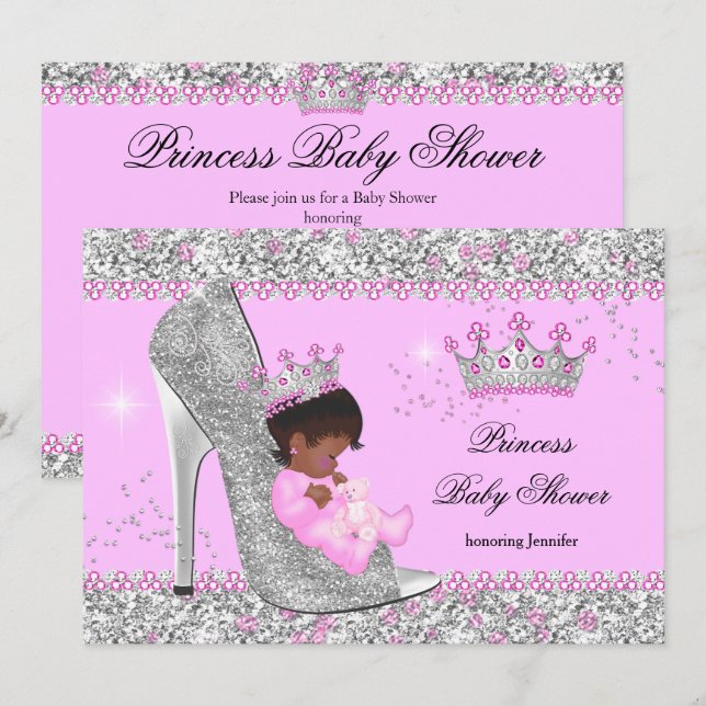 Convites Chuveiro de Bebê Princesa de Salto Alto Prateado R (Frente/Verso)