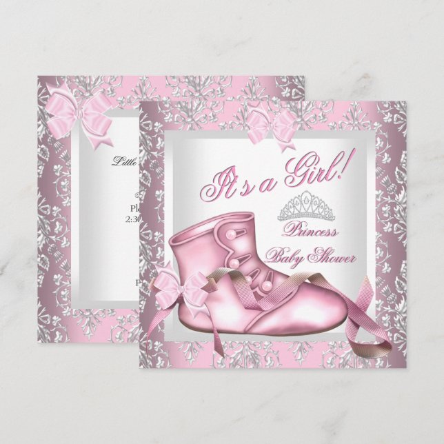 Convites Chuveiro de Bebê Princesa Elegante Menina Rosa Dam (Frente/Verso)