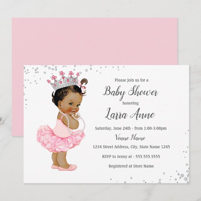 Convites Chuveiro de Bebê Princesa Étnica Brilhante Rosa (Frente/Verso)