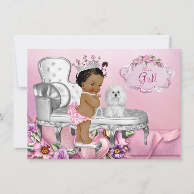 Convites Chuveiro de Bebê Princesa Étnica Cadeira Rosa (Frente)