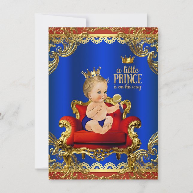 Convites Chuveiro de Bebê Príncipe Cadeira Real Azul Dourad (Frente)