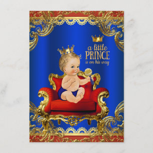 Convites Chuveiro de Bebê Príncipe Cadeira Real Azul Dourad