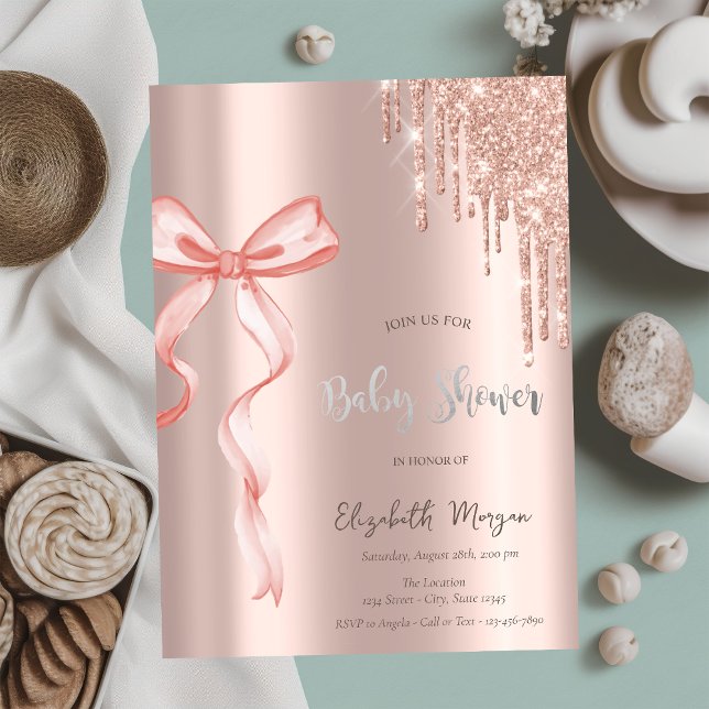 Convites Chuveiro de Bebê Rosa Dourado com Gotejamento e La (Criador carregado)
