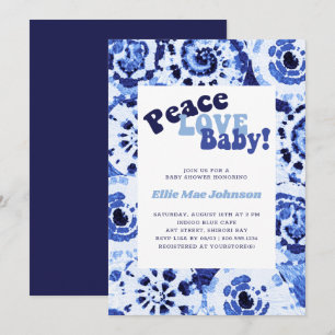 Convites Chuveiro de Bebê Tie Dye Azul Shibori Paz Amor