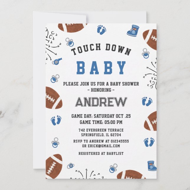 Convites Chuveiro de Bebê Touchdown Personalizado Futebol A (Frente)