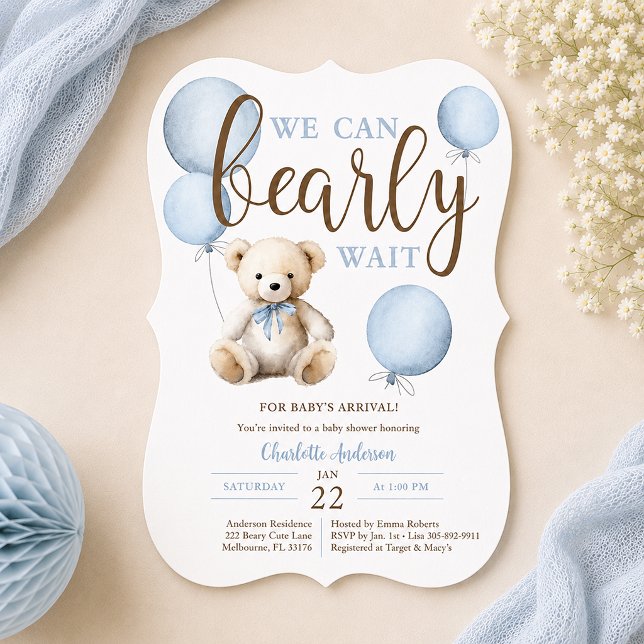 Convites Chuveiro de Bebê Urso Azul Bearly Wait (Blue Bearly waiting baby shower invite)