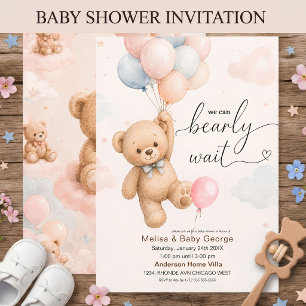 Convites Chuveiro de bebê urso de pelúcia elegante script m