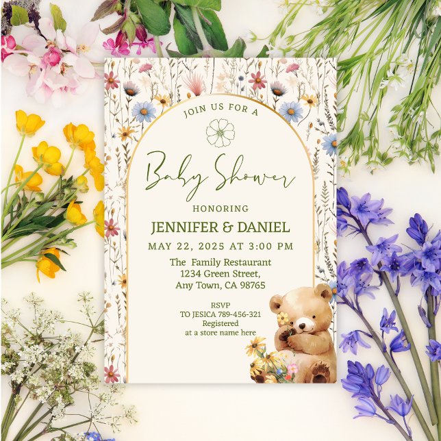 Convites Chuveiro de Bebê Urso Floral Bege Encantador (Criador carregado)