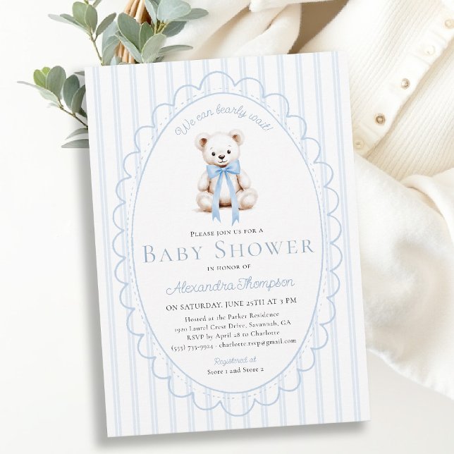 Convites Chuveiro de Bebê Urso Teddy Listras Azuis (bearly wait baby shower invitation traditional classic nursery decor blue stripes teddy bear bow )