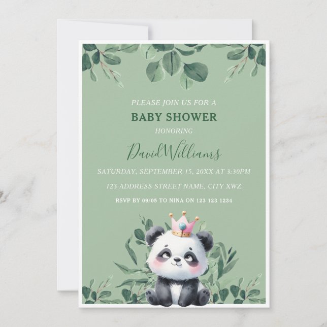 Convites Chuveiro de Bebê Verde Folhagem Panda Fofo (Frente)