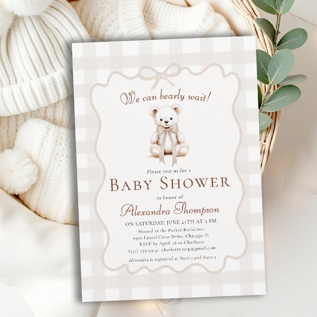 Convites Chuveiro de Bebê Xadrez Neutro Teddy Urso Mal Agua (bearly wait baby shower invitation traditional classic nursery decor neutral gingham teddy bear bow)