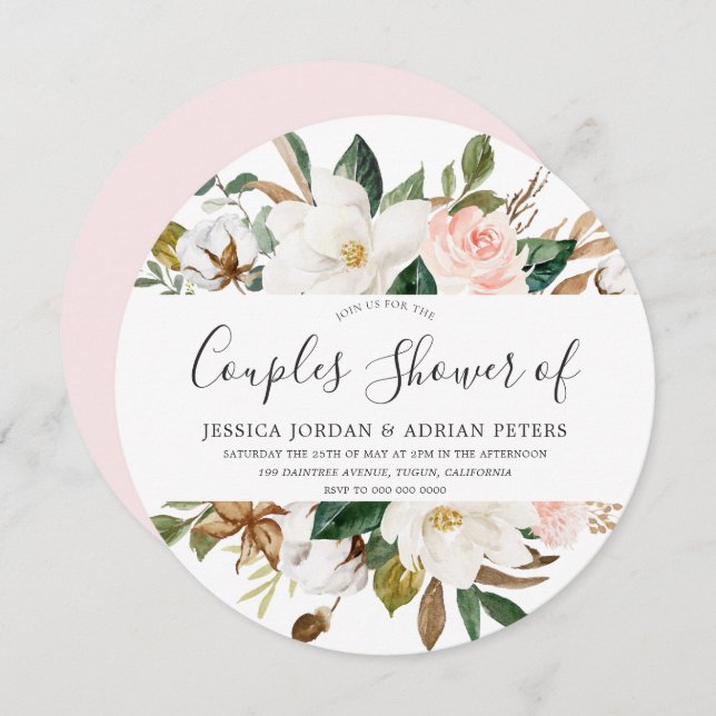Convites Chuveiro de casal de flores lindas em rosa e branc (Frente/Verso)