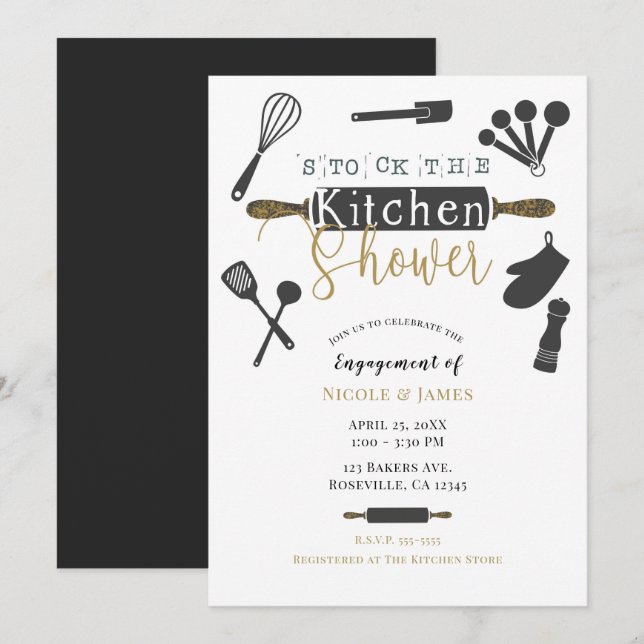 Convites Chuveiro de Engajamento de Cozinha Moderna Minimal (Frente/Verso)
