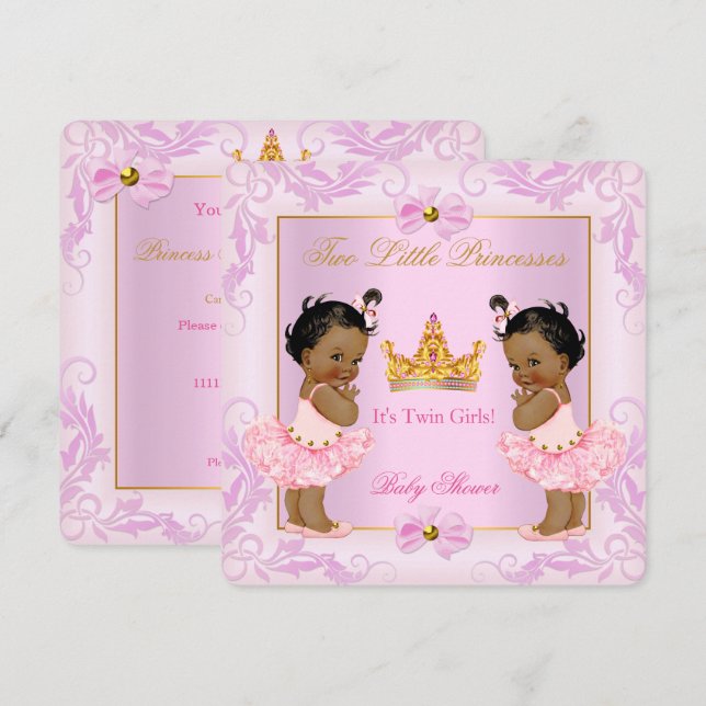 Convites Chuveiro de Gêmeos Princesa Coroa Menina Rosa Étni (Frente/Verso)