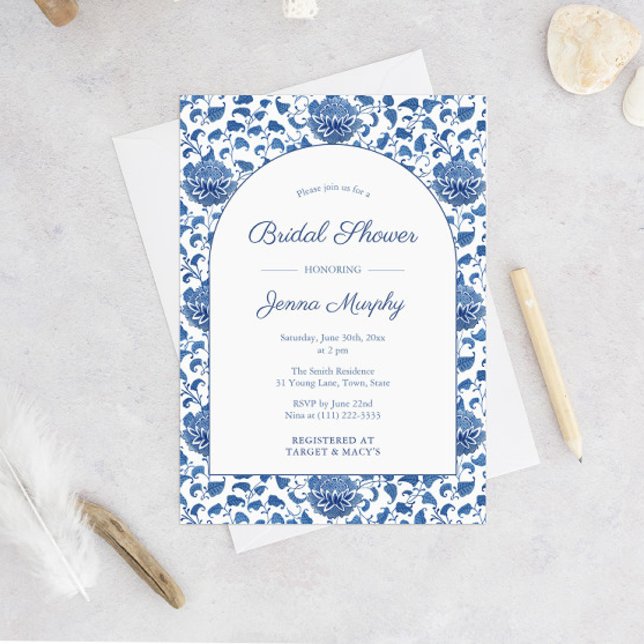 Convites Chuveiro de Noiva Antigo Chinoiserie Azul (Arch Shape Blue And White Chinoiserie Pattern Bridal Shower Invitation)