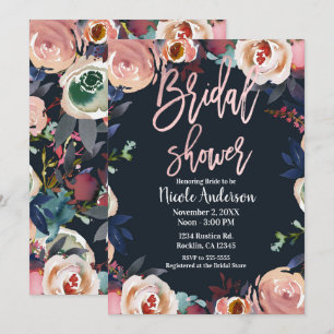 Convites Chuveiro de Noiva Azul Rosa Dourado Floral Moderno