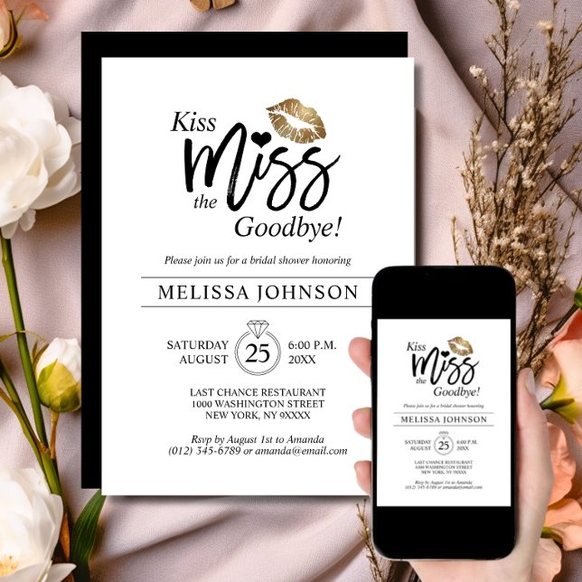 Convites Chuveiro de Noiva Beijo Moderno Adeus Ouro Lábios (Modern Kiss Miss Goodbye Gold Lips Bridal Shower Invitation | Bachelorette)