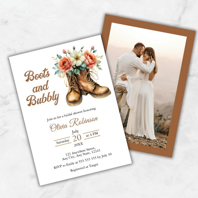 Convites Chuveiro de Noiva Botas Rústicas e Espumante (Photo Rustic Boots and Bubbly Bridal Shower Invitation )