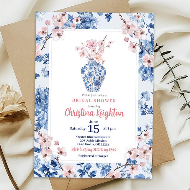 Convites Chuveiro de Noiva Chinoiserie Rosa Flor de Cerejei (Criador carregado)
