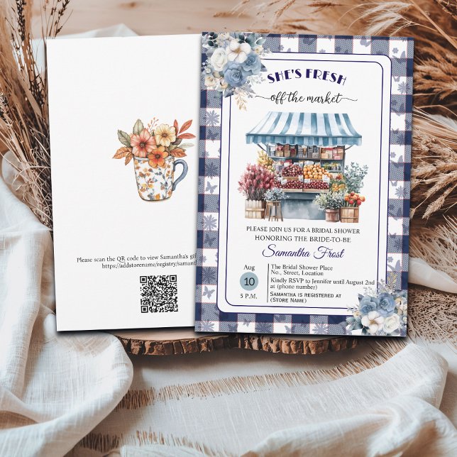 Convites Chuveiro de Noiva Código QR Blue Gingham Off the M (Criador carregado)