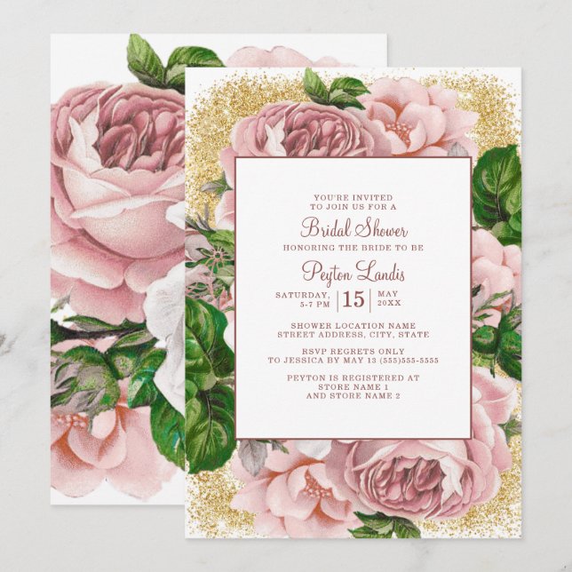Convites Chuveiro de Noiva com Flores Cor-de-Rosa Elegantes (Frente/Verso)