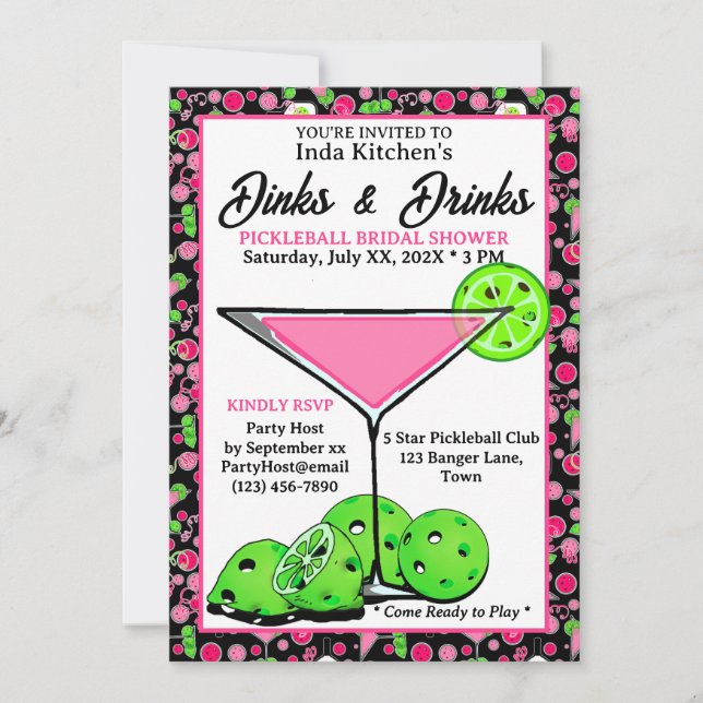 Convites Chuveiro de Noiva de Pickleball Dinks & Drinks Ros (Frente)