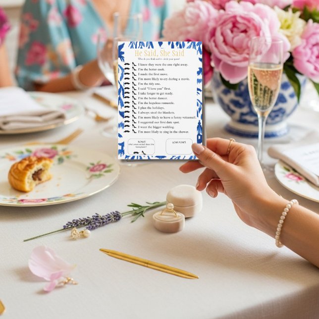 Convites Chuveiro de Noiva "Ele Disse, Ela Disse"  Jogo Azu (He Said, She Said Bridal shower Blue Game)
