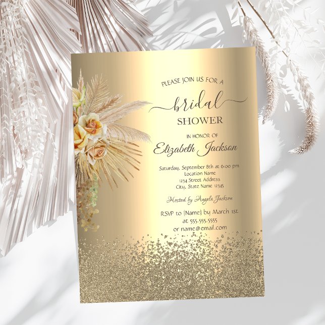 Convites Chuveiro de Noiva Elegante Ouro Diamantes Boho Flo (Criador carregado)