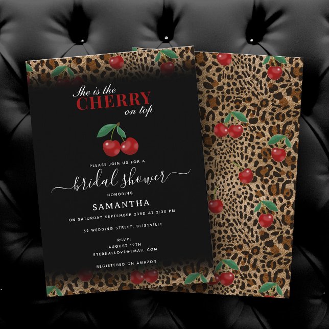 Convites Chuveiro de Noiva Estampa de Leopardo Guepardo Cer (Leopard Cheetah Print Cherry On Top Bridal Shower Invitation)