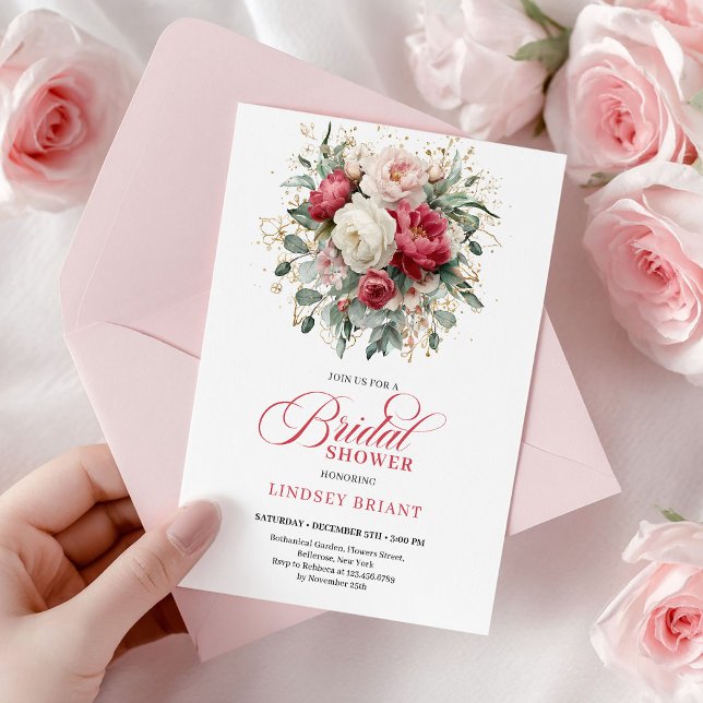 Convites Chuveiro de Noiva Floral Vermelho Dourado Boho Ele (Stylish Boho Red White Gold Floral Bridal Shower Card

)