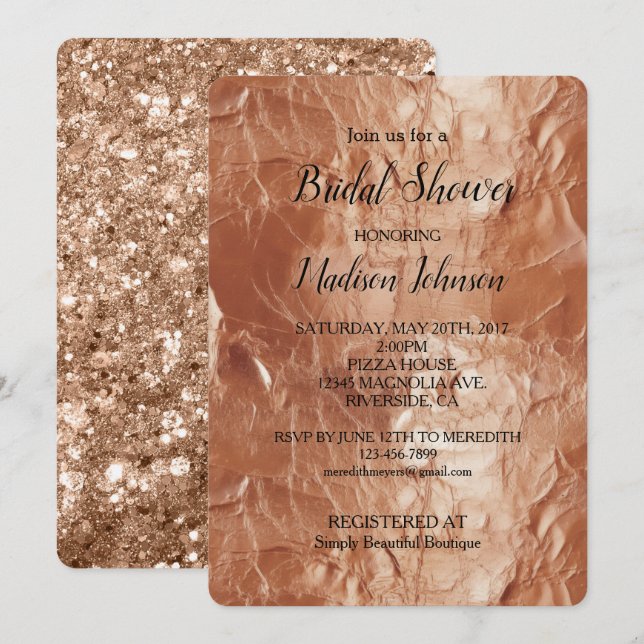 Convites Chuveiro de Noiva Glam Rose Gold Glitter (Frente/Verso)