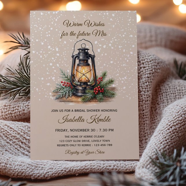 Convites Chuveiro de Noiva Lanterna Aconchegante Desejos Qu (Warm wishes for the future mrs. Cozy lantern winter bridal shower invitation by Darling & May)