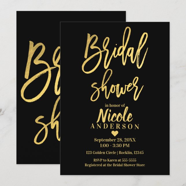 Convites CHUVEIRO DE NOIVA Moderno Script Dourado Preto com (Frente/Verso)