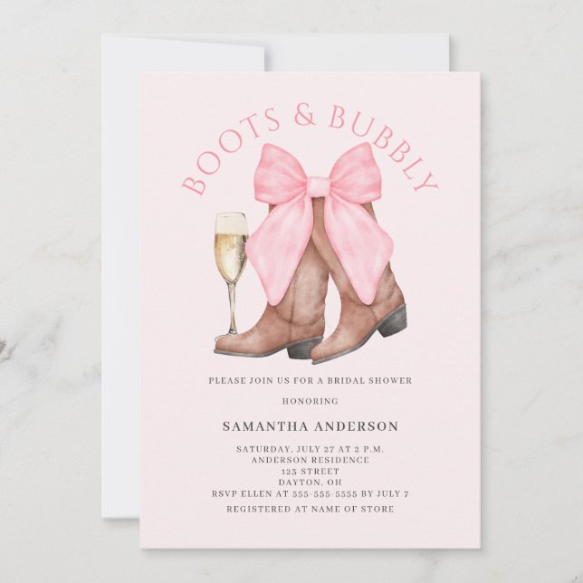 Convites Chuveiro de Noiva Ocidental Borbulhante Botas Rosa (Frente)