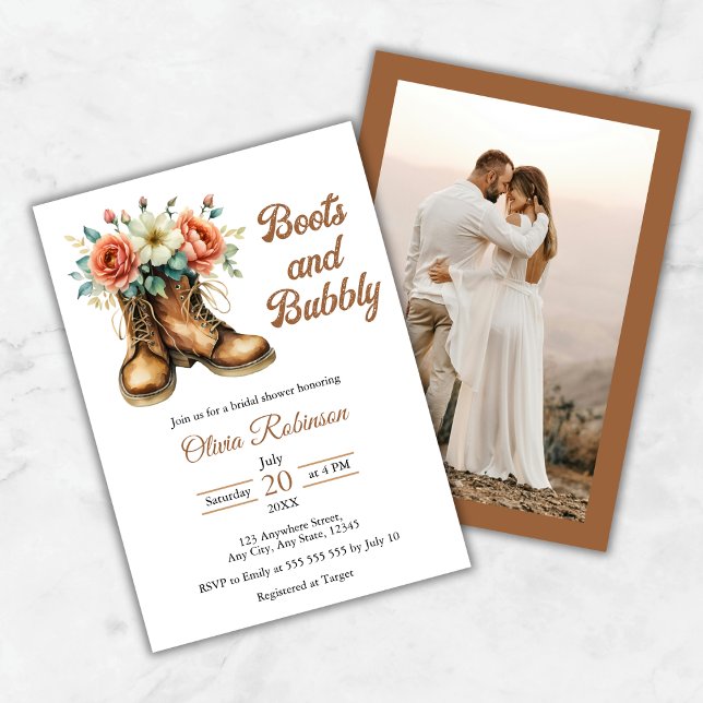 Convites Chuveiro de Noiva Ocidental Botas e Bubbly (Photo Rustic Boots and Bubbly Western Bridal Shower Invitation   )