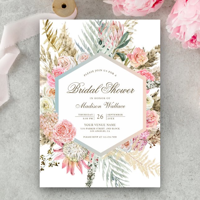 Convites Chuveiro de Noiva Rosa Floral Boho Pampas (Criador carregado)