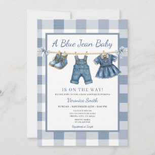 Convites Chuveiro de Roupas de Bebê em Jeans Azul Elegante