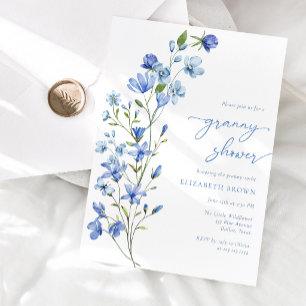 Convites Chuveiro Elegante de Avó com Flor Silvestre Azul E